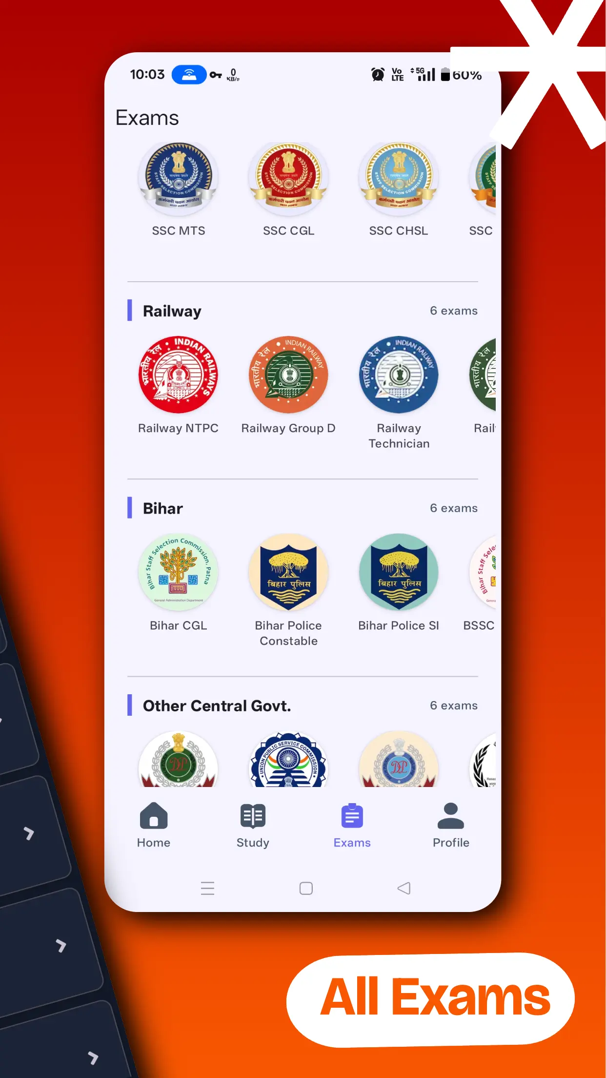 Samadhan GS app showing all supported exams — SSC, Railway, Bihar and other central government exams